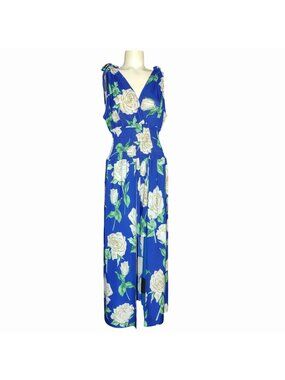 Dress Romper Size XL Maxi Floral Blue Cream Rose Print Halter Neck Smocked Waist